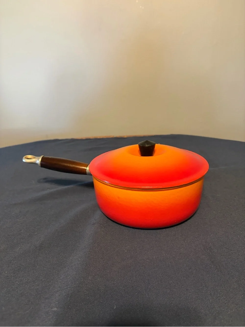 Vintage Le Creuset P20 Orange to Red Flame Gradient Enamel Saucepan with Lid.